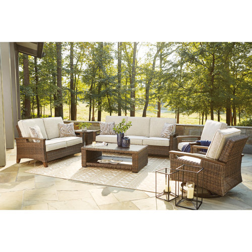 Highland Dunes Estill 84.38'' Wide Outdoor Wicker Patio Sofa with Cushions & Reviews Wayfair